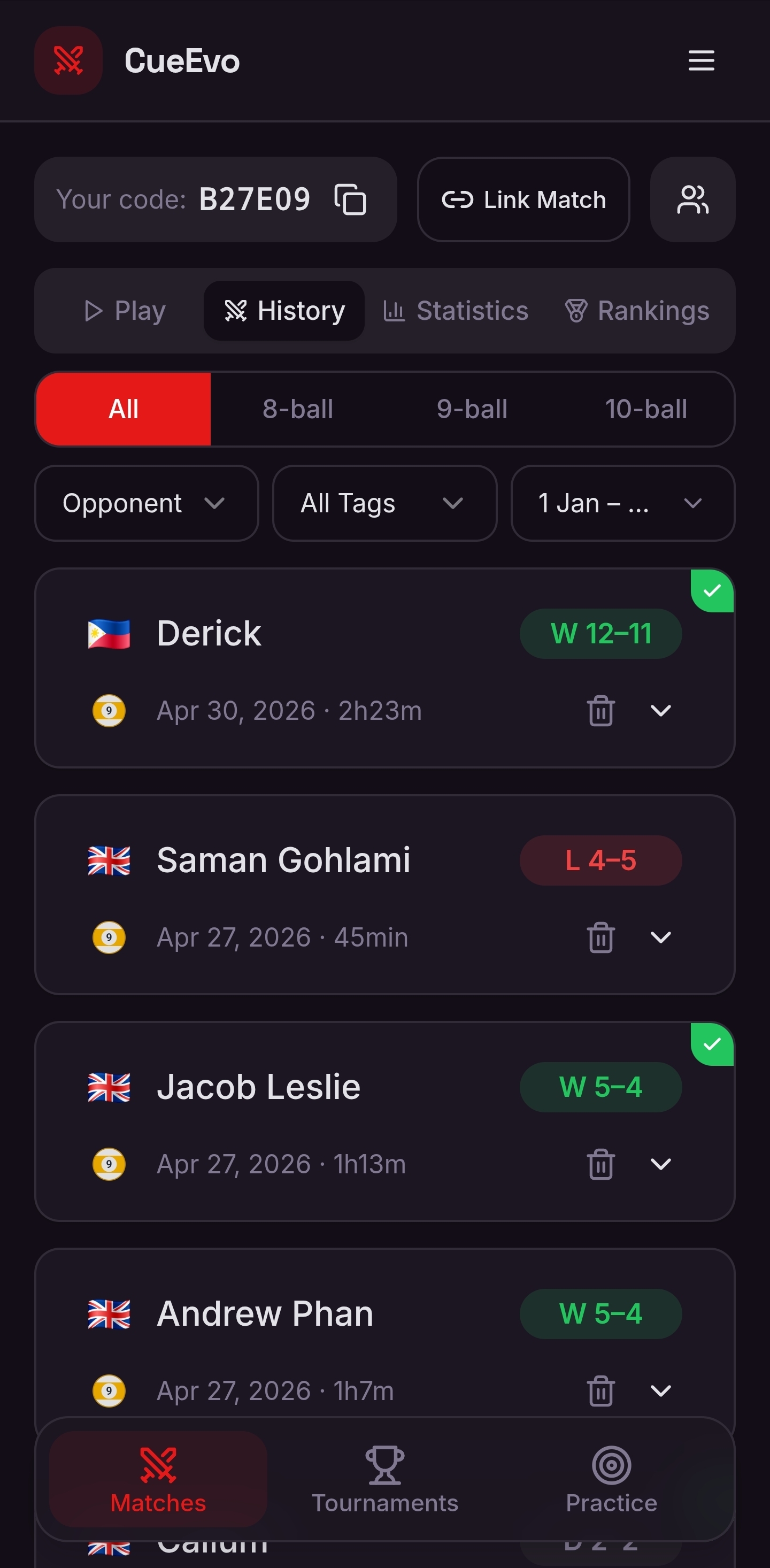 Match history
