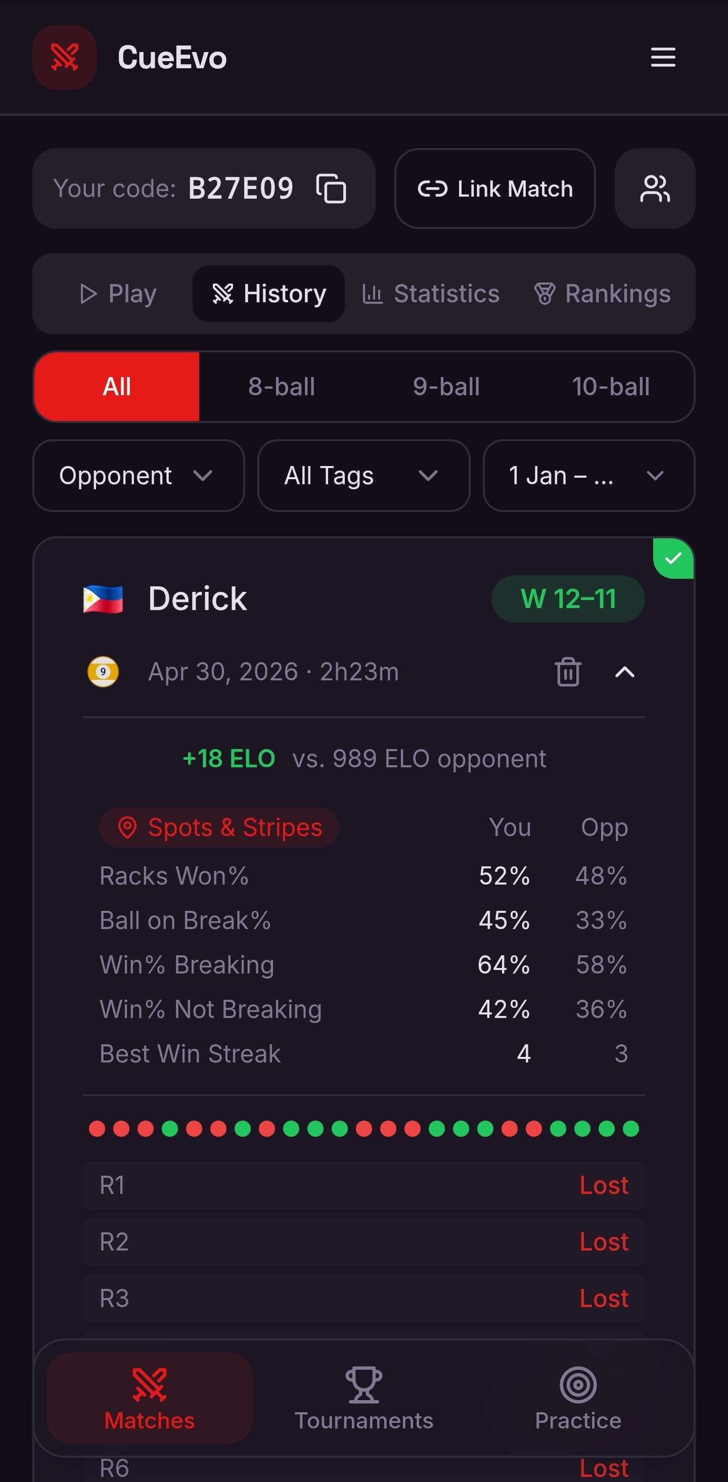 Match detail with rack log