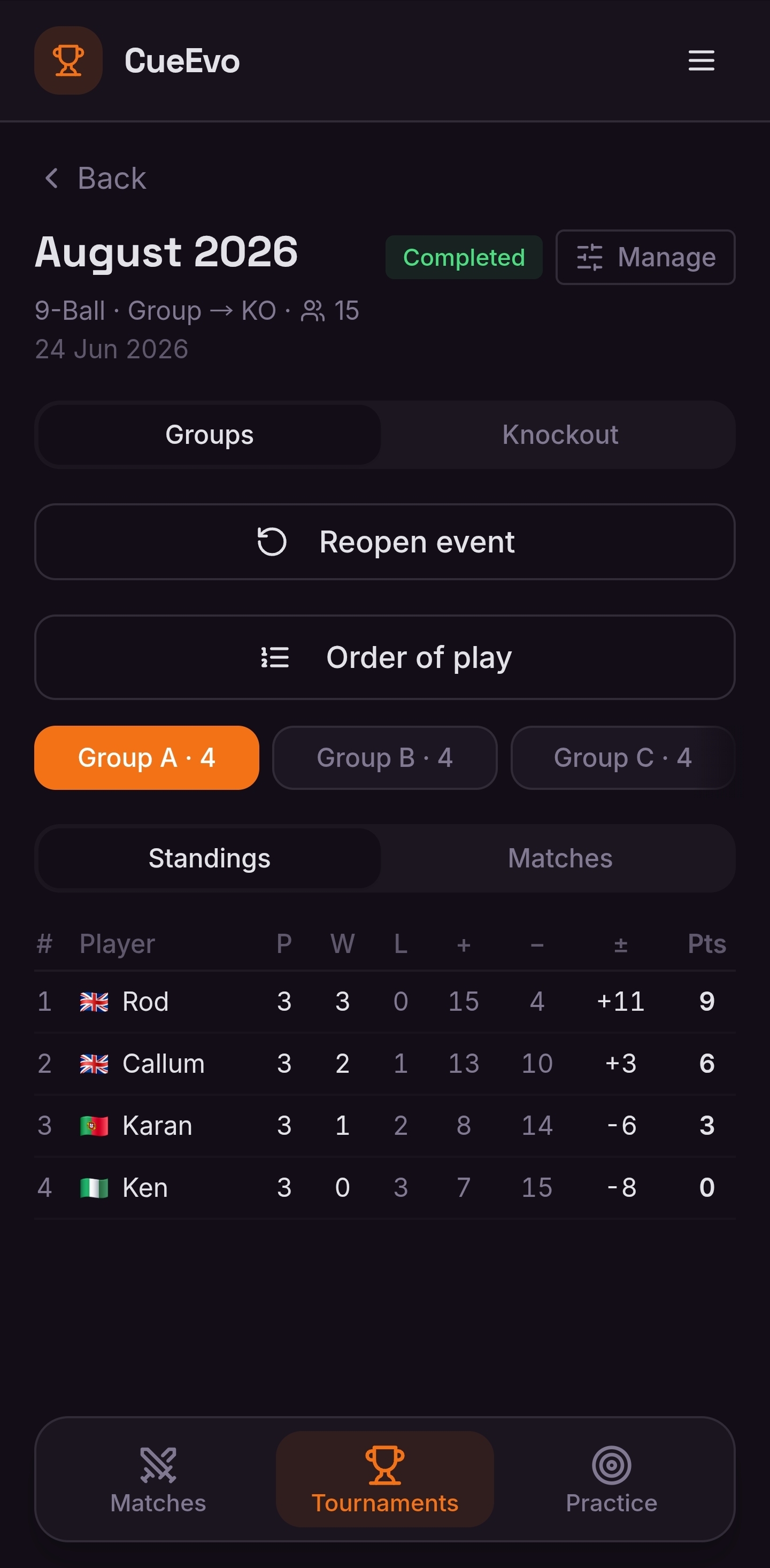 Active tournament with live match play queue